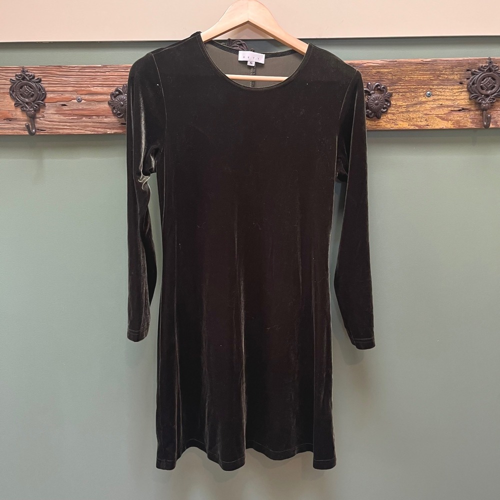 GETT Womens Dark Olive Green Velvet Long Sleeve A-Line Mini Dress Size S USA